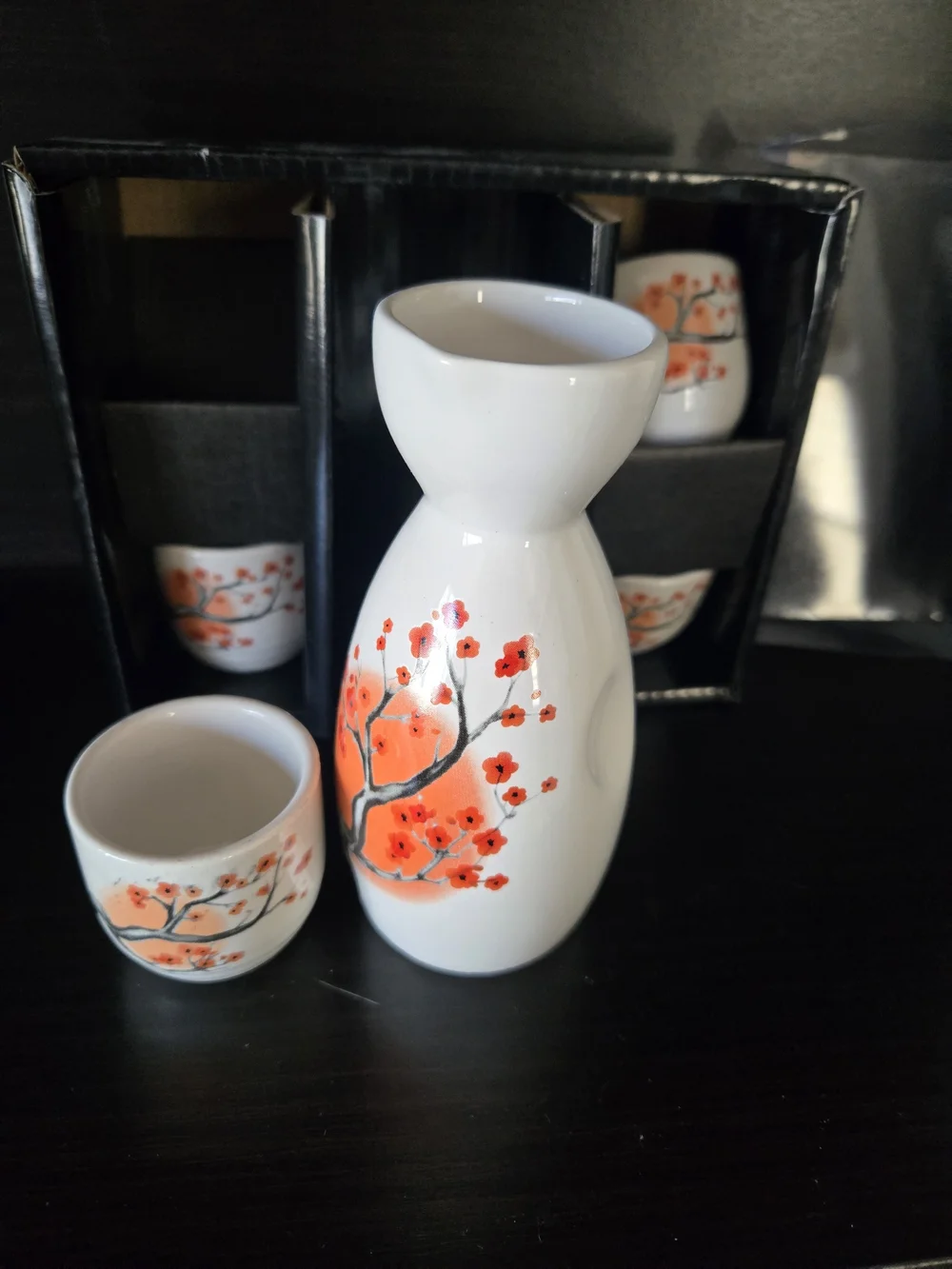5 Piece Ceramic Sake Set with Orange Blossom Design